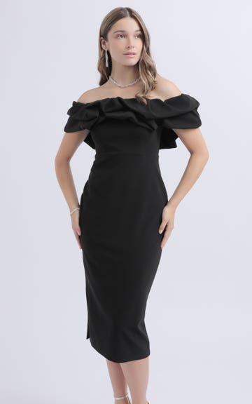 big girl black and white dress Deluxe Premium Range, Black Bribbed Bardot Midi Dress , With 3/4 Feath –  4EVER STUNNING main image 1