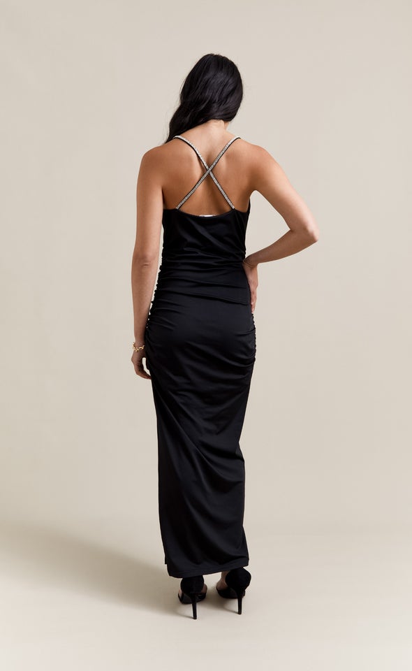 Ruched Jersey Diamante Strap Gown Black