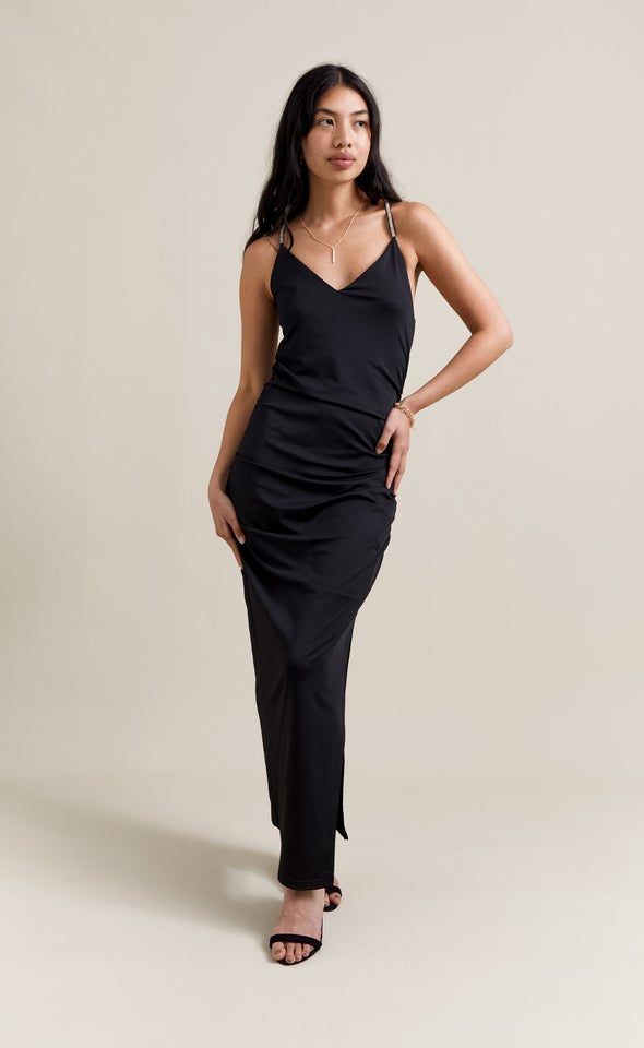 Ruched Jersey Diamante Strap Gown Black