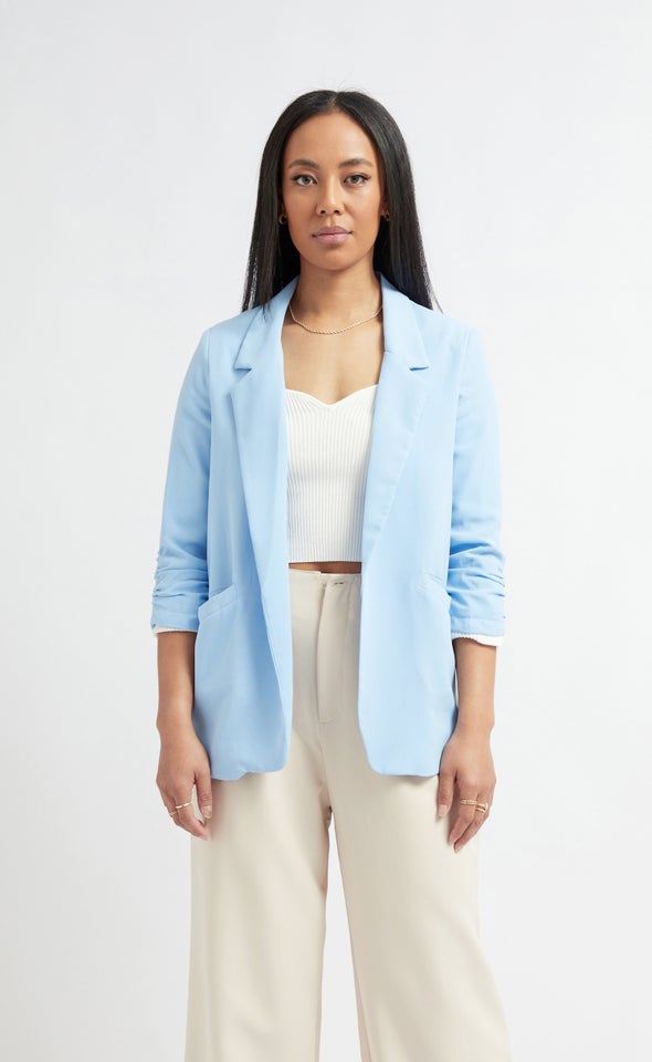 Ruched Sleeve Blazer Light Blue