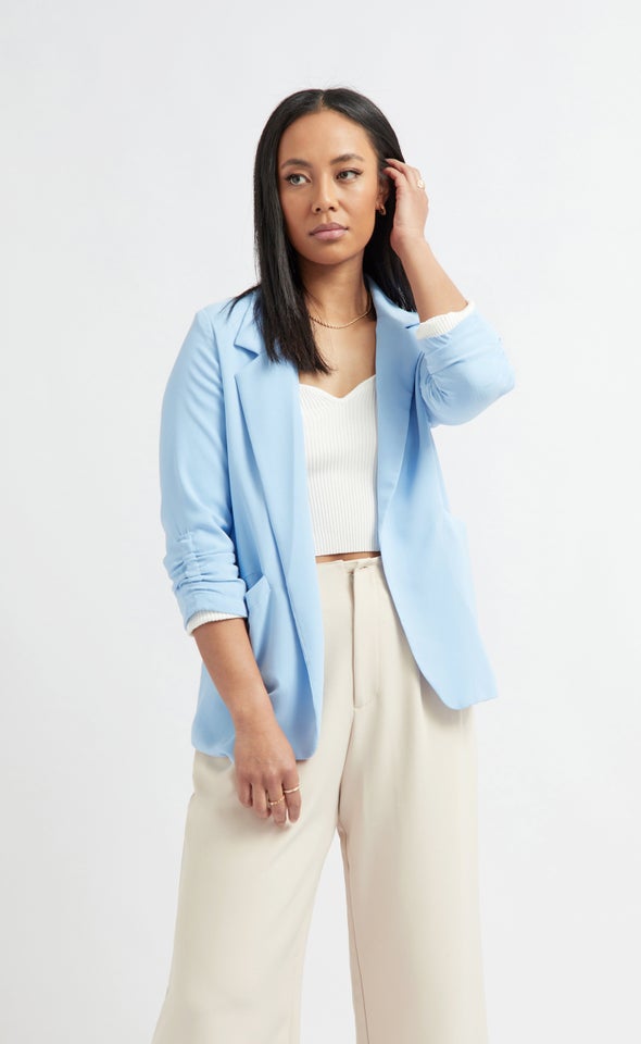 Ruched Sleeve Blazer Light Blue