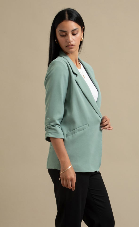 Ruched Sleeve Blazer Light Green