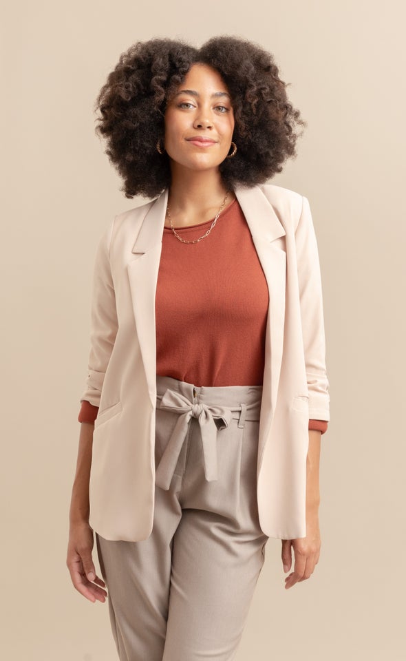 Ruched Sleeve Blazer Natural