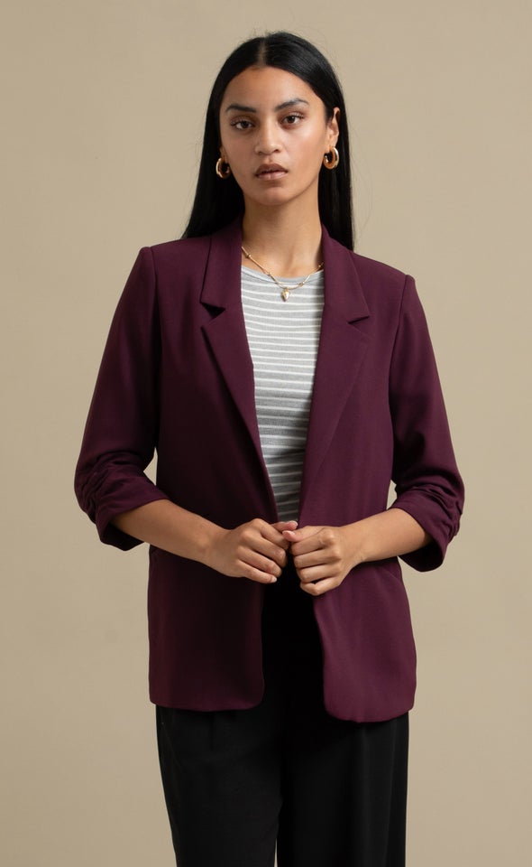 Ruched Sleeve Blazer Plum