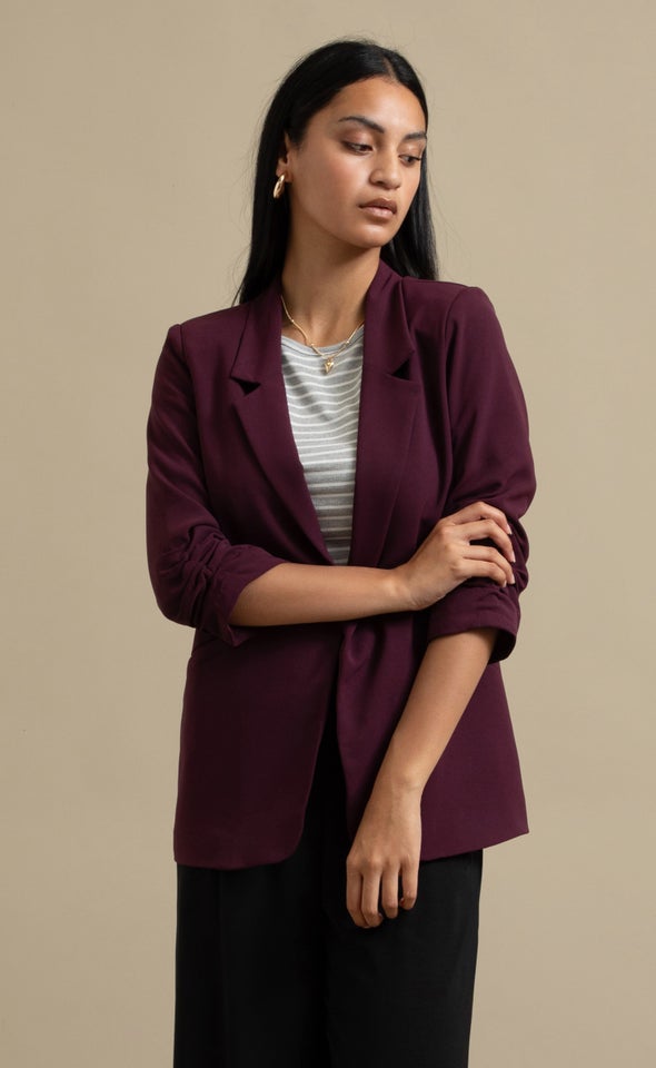 Ruched Sleeve Blazer Plum