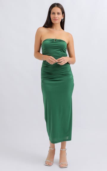Shop our Ruched Strapless Sweetheart Midi Dress in Green | Pagani