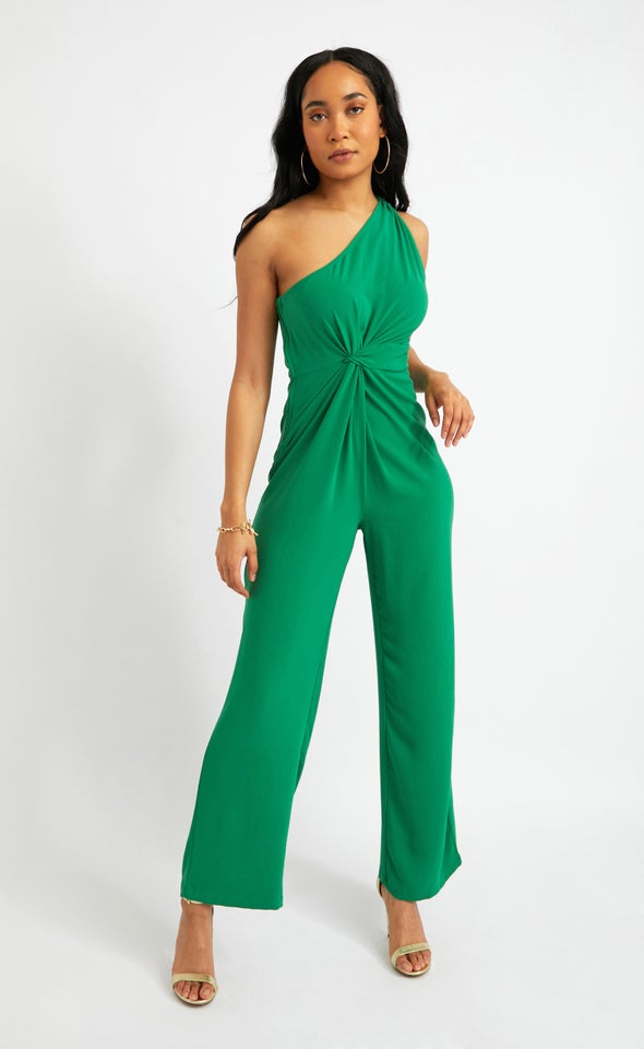 Ruched Waist Satin Jumpsuit Green