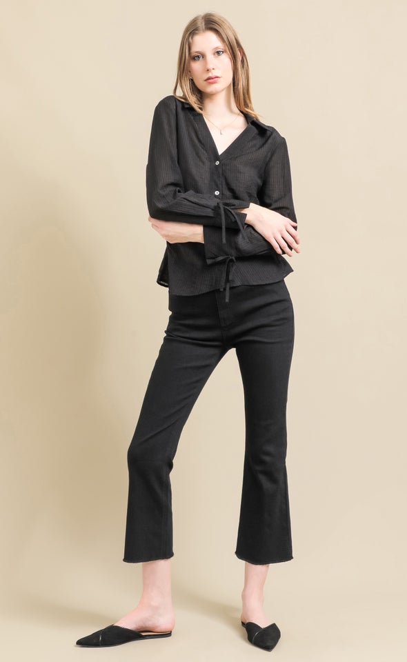 Ruched Waist Tie Sleeve Shirt Black