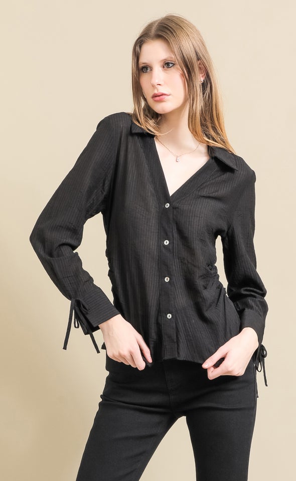 Ruched Waist Tie Sleeve Shirt Black