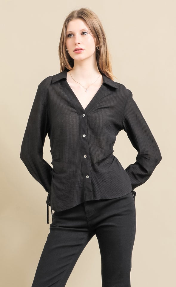 Ruched Waist Tie Sleeve Shirt Black
