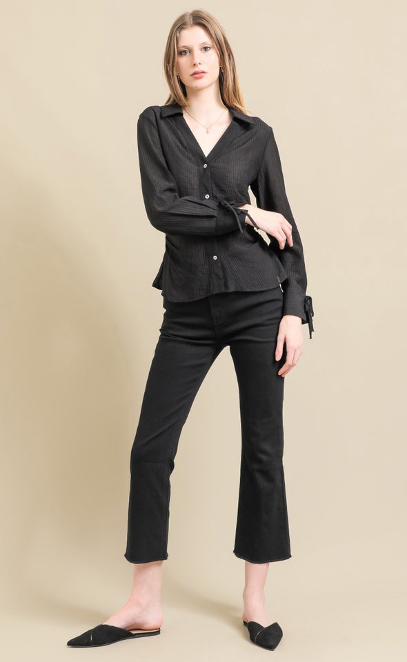 Ruched Waist Tie Sleeve Shirt Black