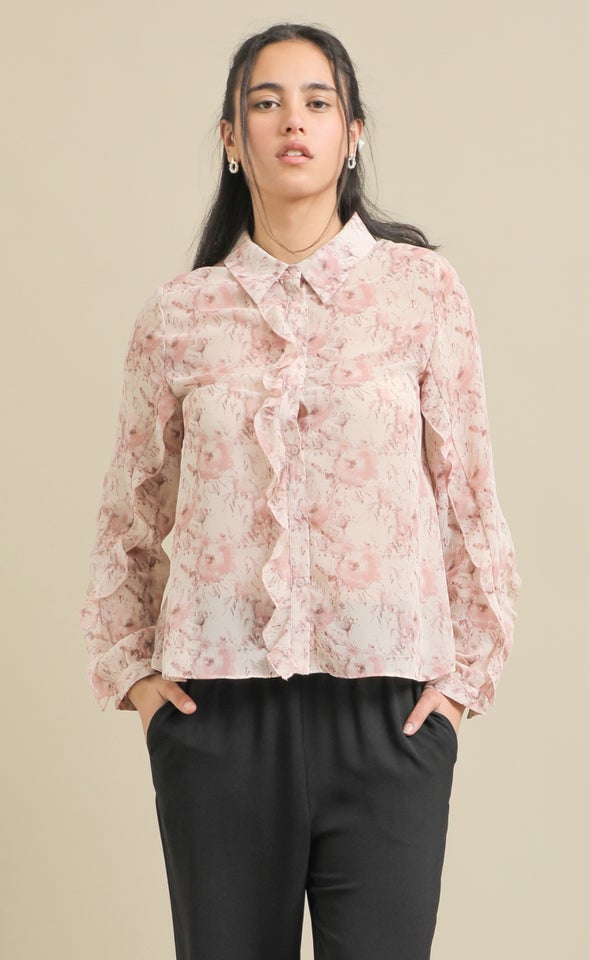 Ruffle Detail Chiffon Shirt Blush/floral