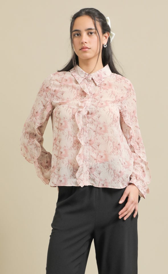 Ruffle Detail Chiffon Shirt Blush/floral