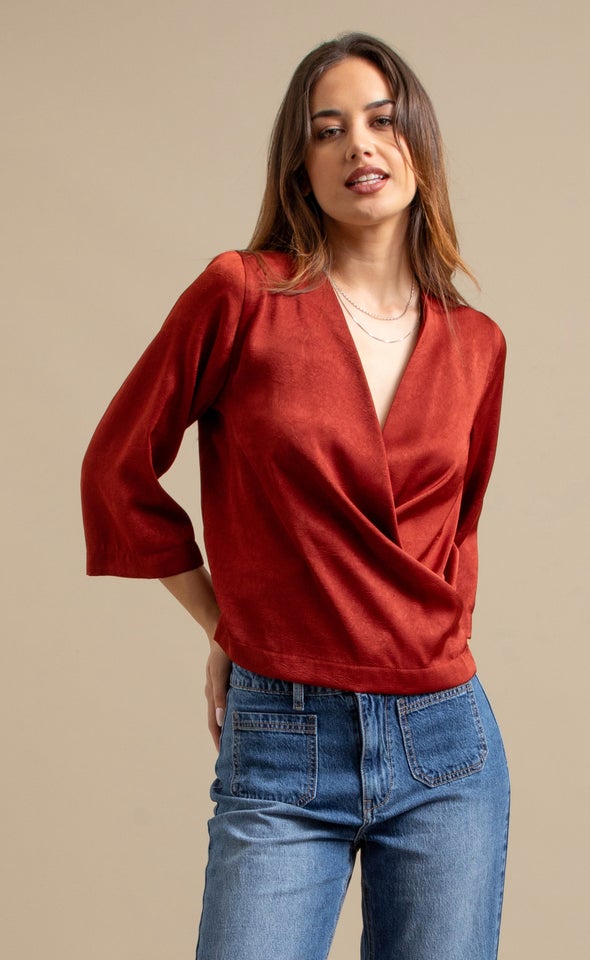 Satin 3/4 Sleeve Cross Front Top Clay