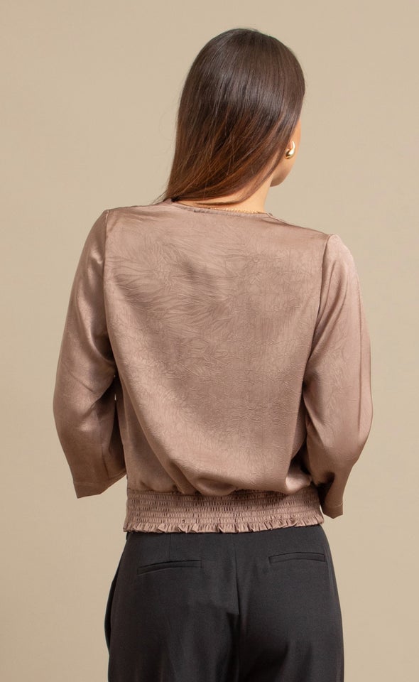 Satin 3/4 Sleeve Cross Front Top Taupe