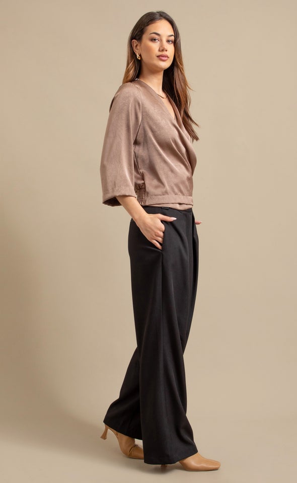 Satin 3/4 Sleeve Cross Front Top Taupe