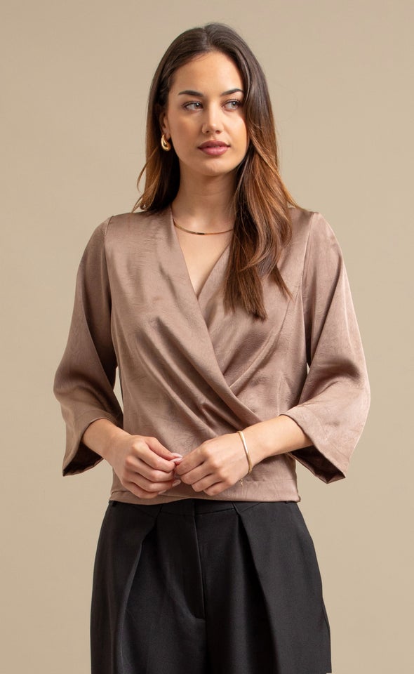 Satin 3/4 Sleeve Cross Front Top Taupe