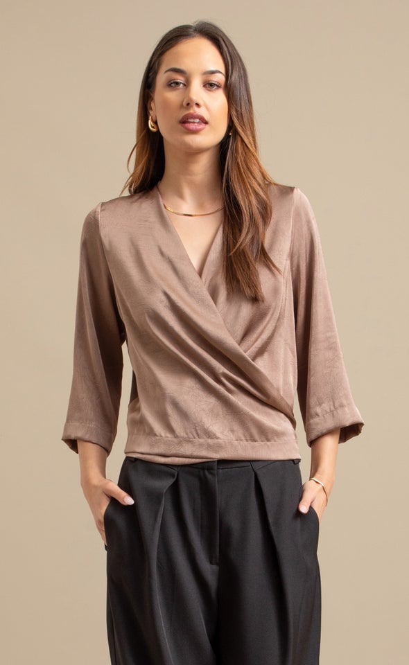 Satin 3/4 Sleeve Cross Front Top Taupe