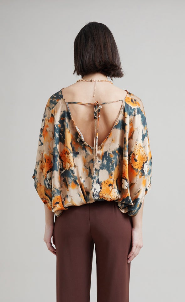 Satin Abstract Kaftan Top Green/orange