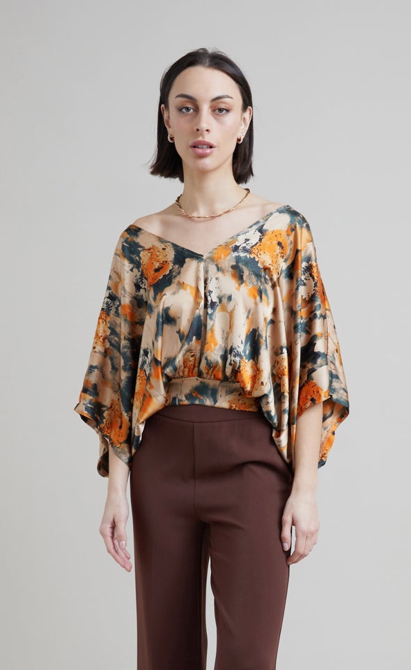 Satin Abstract Kaftan Top Green/orange