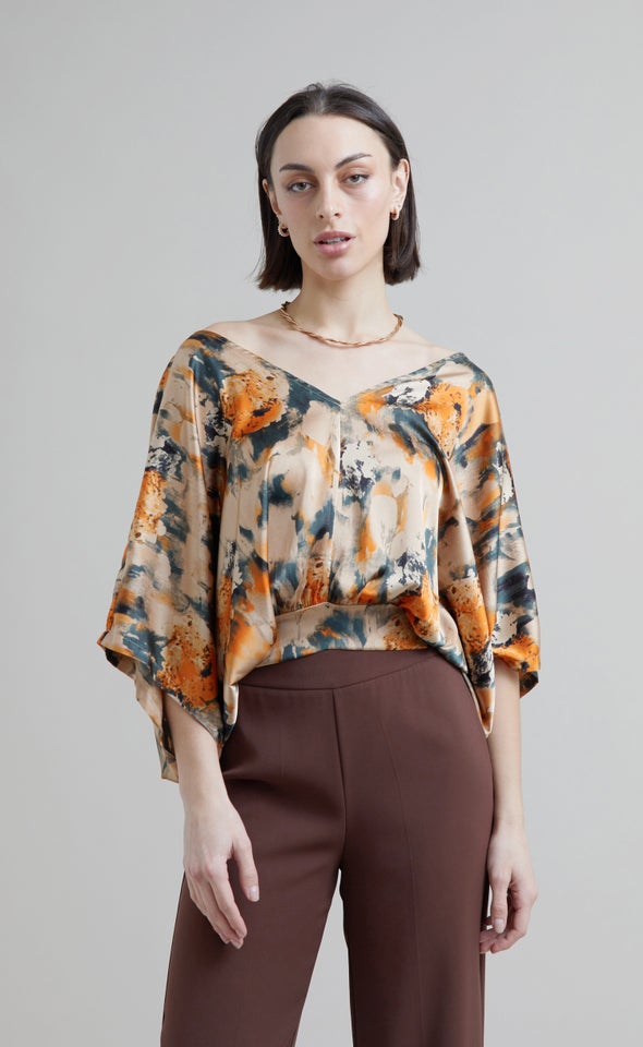 Satin Abstract Kaftan Top Green/orange