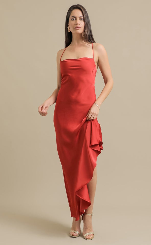 Satin Asymmetric Cross Back Gown Clay