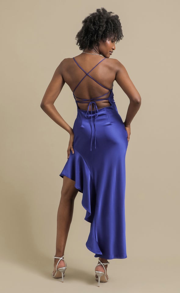Satin Asymmetric Cross Back Gown Cornflower Blue