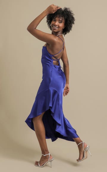 Shop our Satin Asymmetric Cross Back Gown in Cornflower blue | Pagani