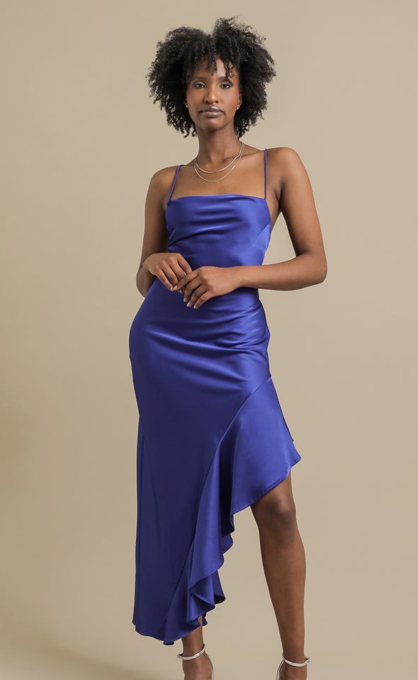 Satin Asymmetric Cross Back Gown Cornflower Blue