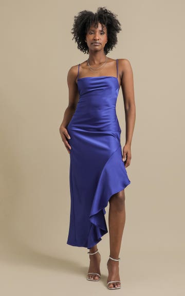 cornflower blue satin dress Light Blue Lace-Up Stretch Satin Dress With Knot-Back And Seamline Det