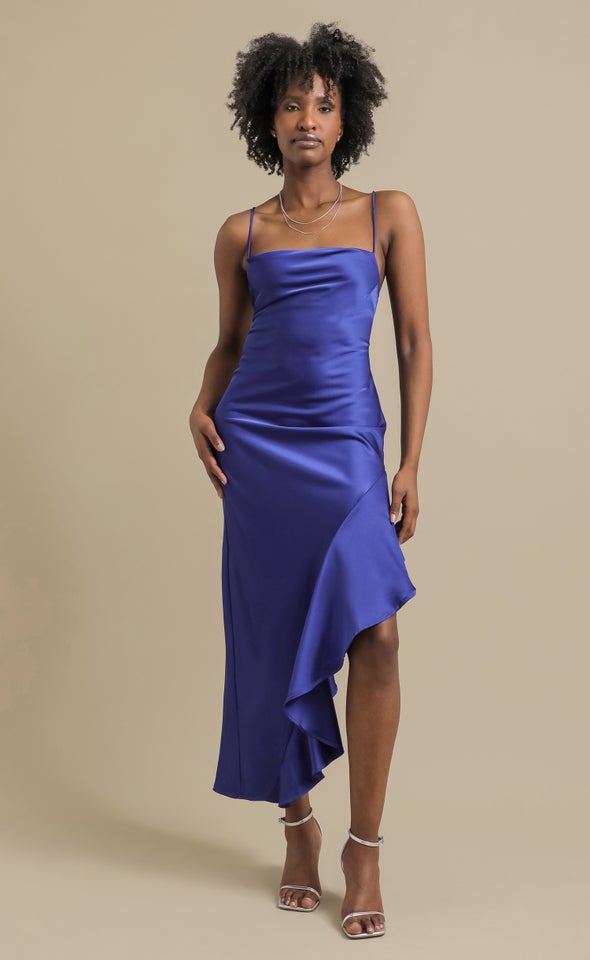 Satin Asymmetric Cross Back Gown Cornflower Blue