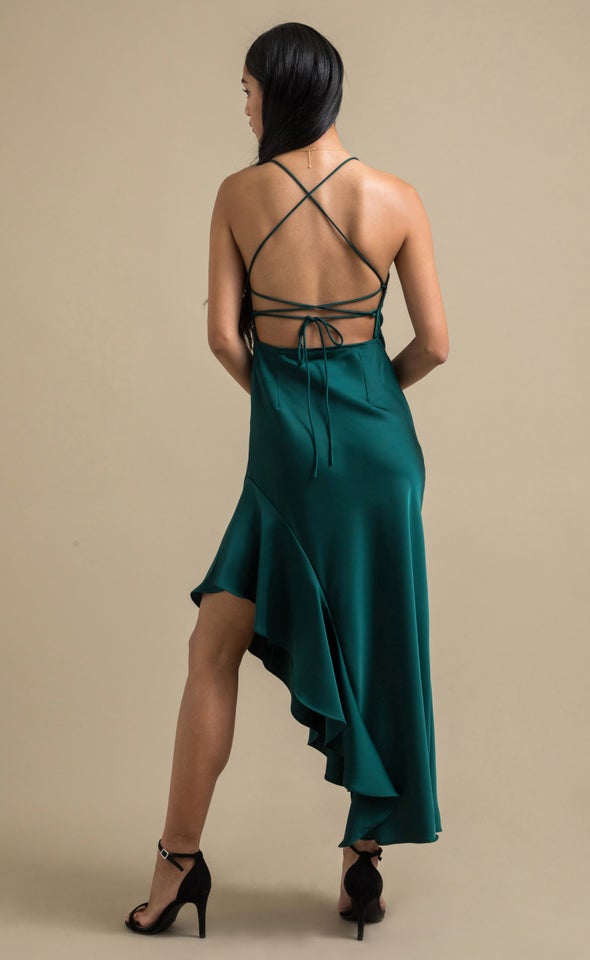 Satin Asymmetric Cross Back Gown Emerald