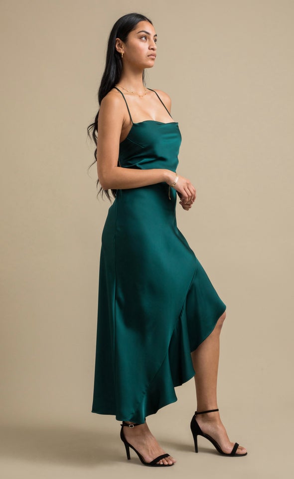 Satin Asymmetric Cross Back Gown Emerald