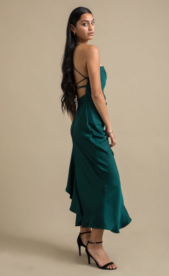 Satin Asymmetric Cross Back Gown Emerald