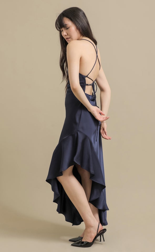 Satin Asymmetric Cross Back Gown Ink