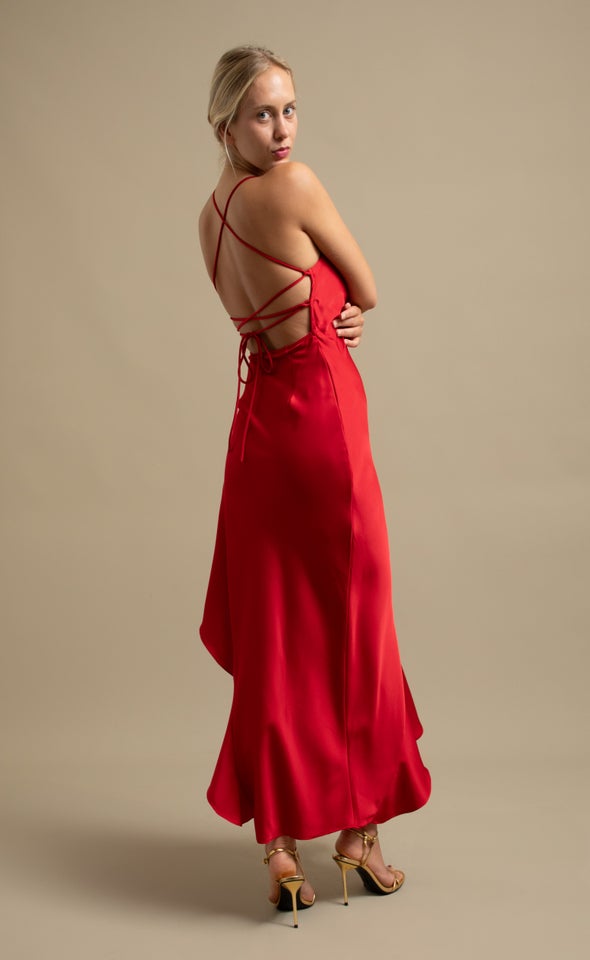 Satin Asymmetric Cross Back Gown Red