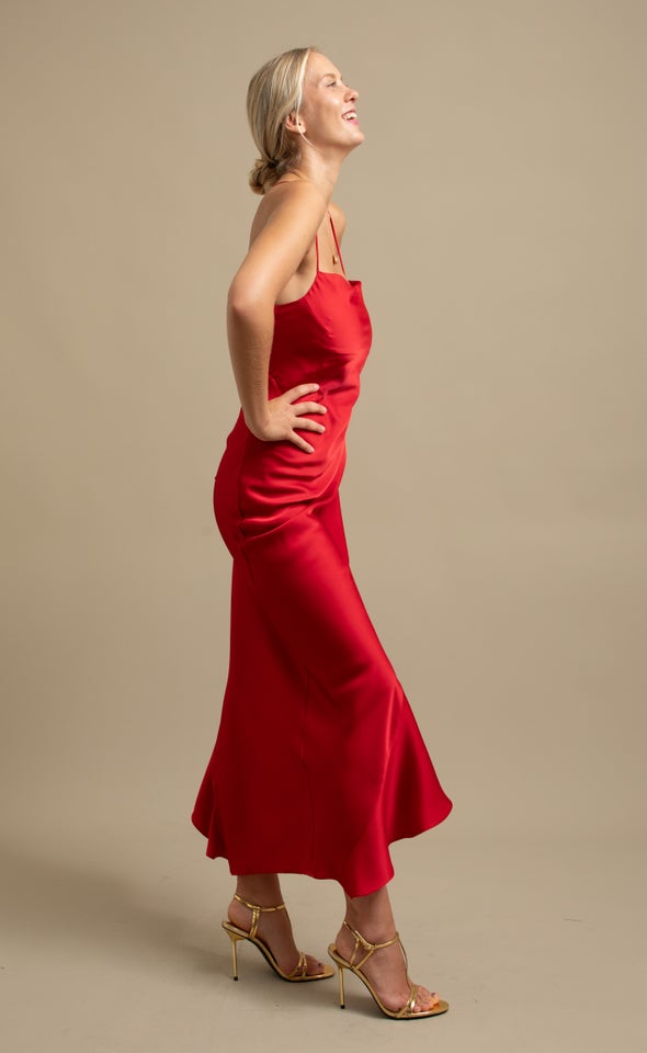 Satin Asymmetric Cross Back Gown Red
