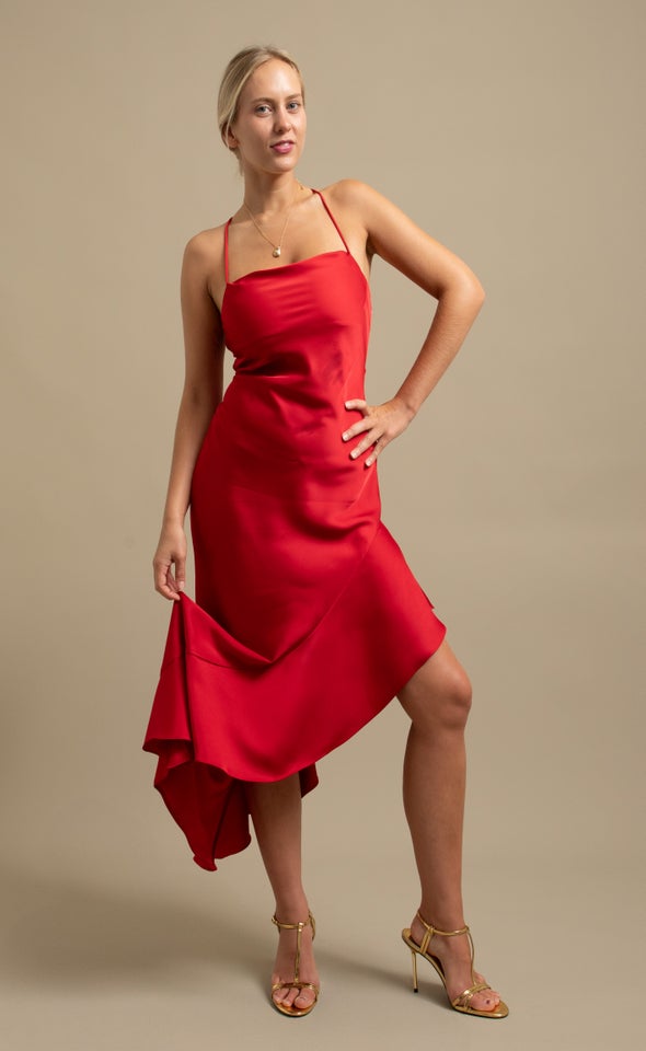 Satin Asymmetric Cross Back Gown Red