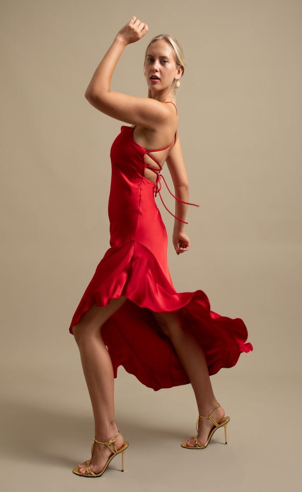 Satin Asymmetric Cross Back Gown Red