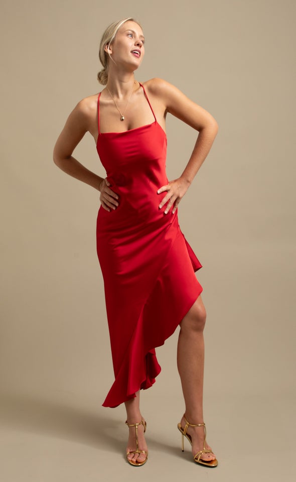 Satin Asymmetric Cross Back Gown Red