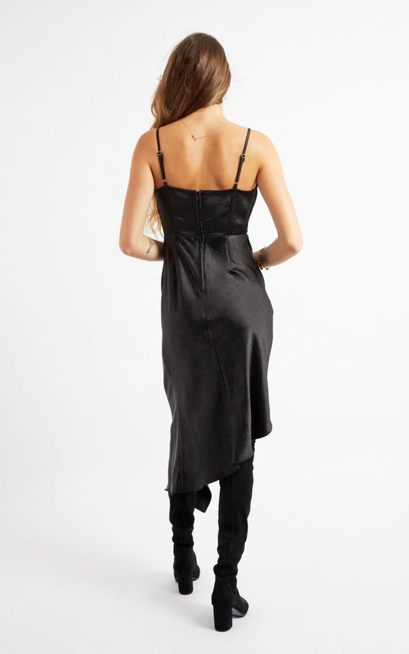 Satin Asymmetric Drape Detail Dress Black