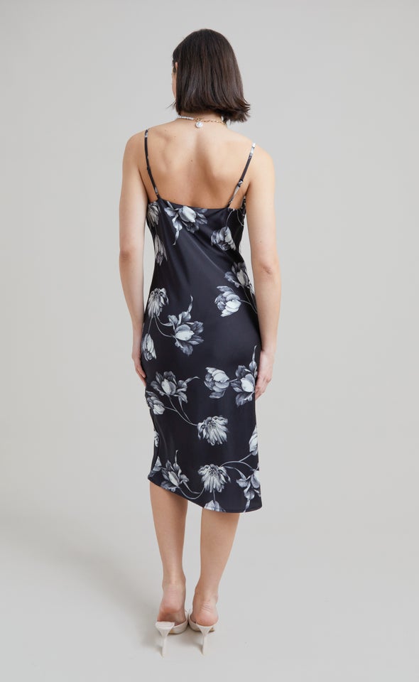 Satin Bias Cowl Slip Dress Black/floral