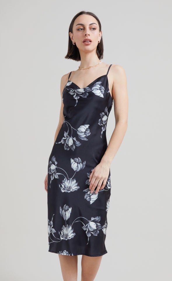 Satin Bias Cowl Slip Dress Black/floral