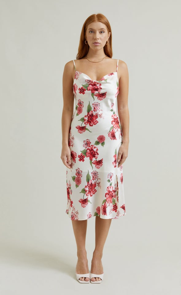 Satin Bias Cowl Slip Dress Cream/red