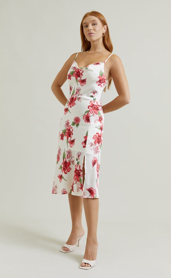 Satin Bias Cowl Slip Dress Cream/red