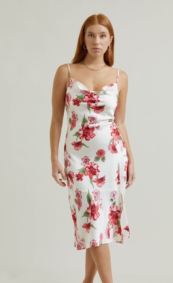 Satin Bias Cowl Slip Dress Cream/red