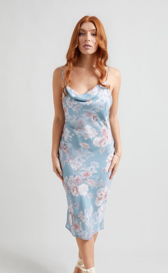 Satin Bias Cowl Slip Dress Mint/floral