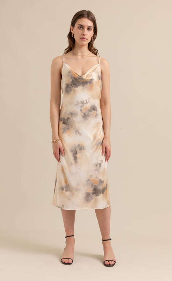 Satin Bias Cowl Slip Dress Peach/grey