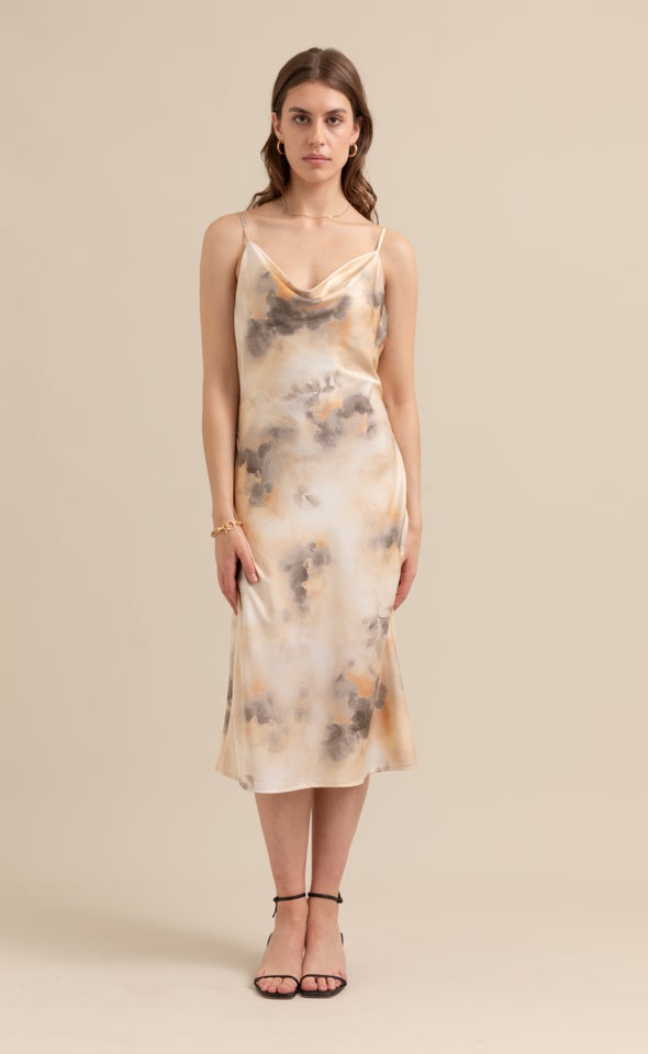 Satin Bias Cowl Slip Dress Peach/grey