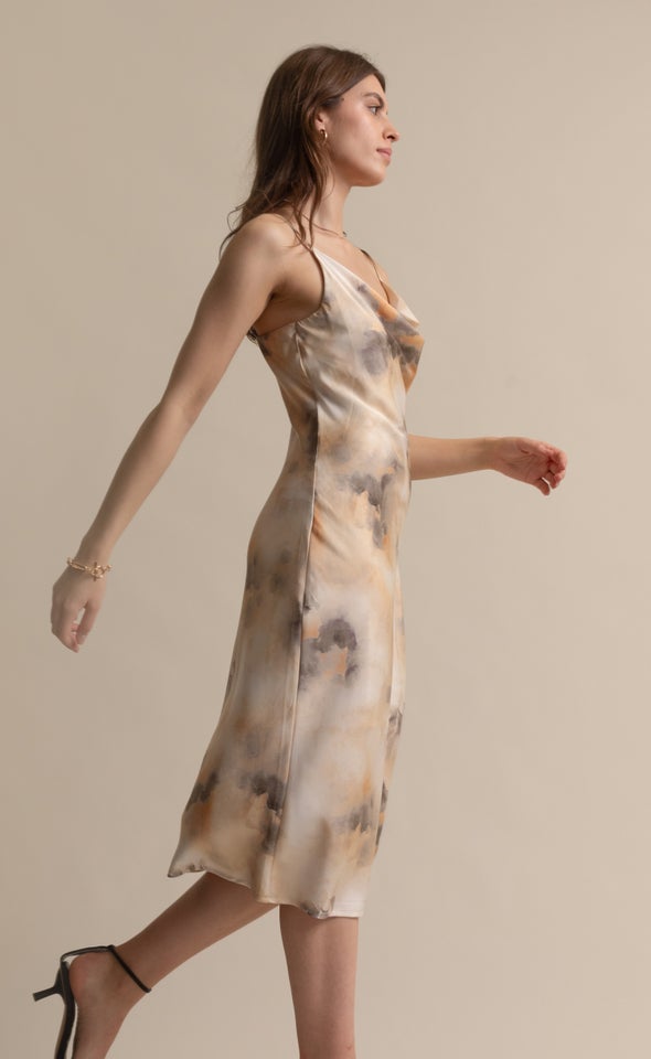 Satin Bias Cowl Slip Dress Peach/grey